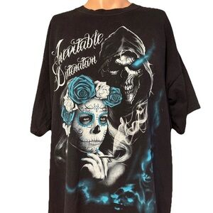 Vintage Day Of The Dead Girl Sugar Skull & Grim Reaper Skeleton Black Shirt 2XL
